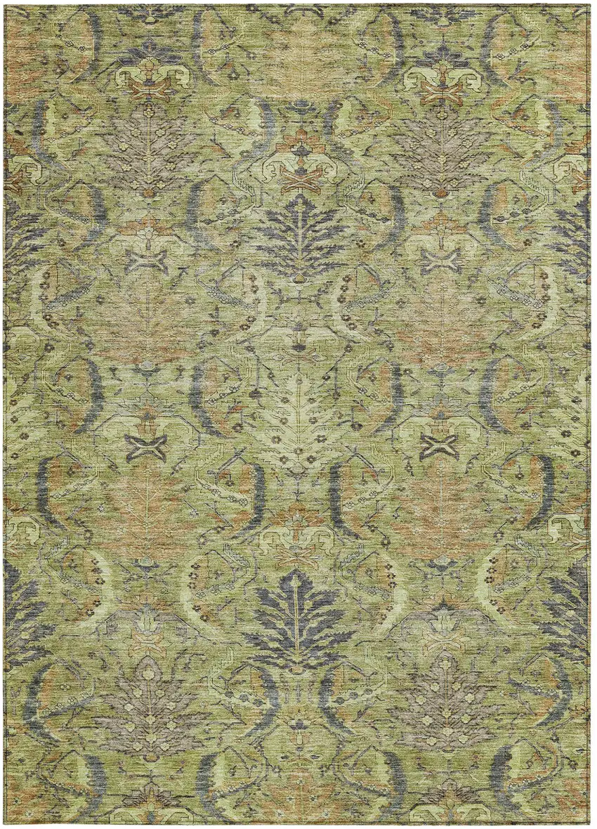 Artichoke Green Gray And Tan Damask Washable Indoor Outdoor Area Rug Photo 7