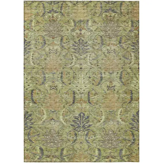 Artichoke Green Gray And Tan Damask Washable Indoor Outdoor Area Rug Photo 2