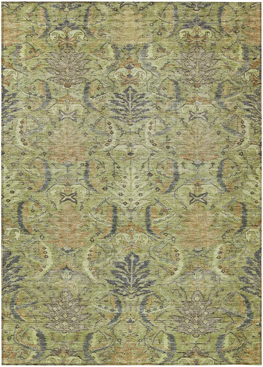 Artichoke Green Gray And Tan Damask Washable Indoor Outdoor Area Rug Photo 2