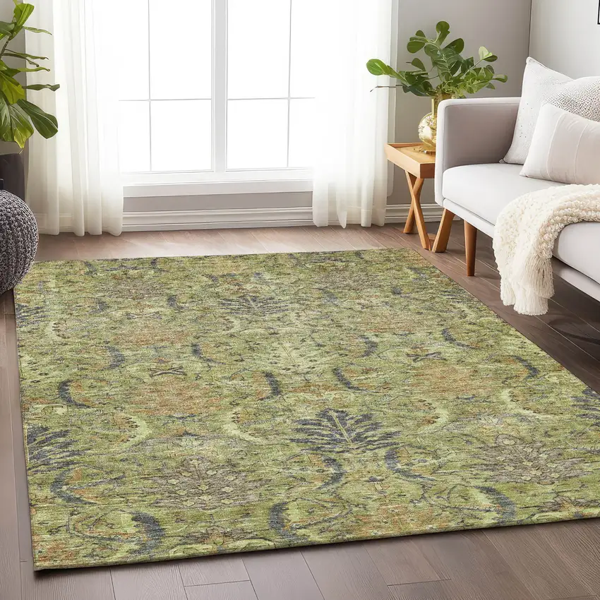 Artichoke Green Gray And Tan Damask Washable Indoor Outdoor Area Rug Photo 9