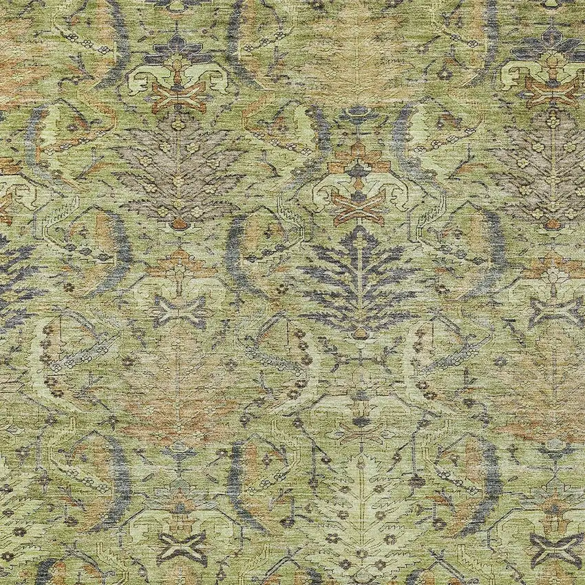 Artichoke Green Gray And Tan Damask Washable Indoor Outdoor Area Rug Photo 6