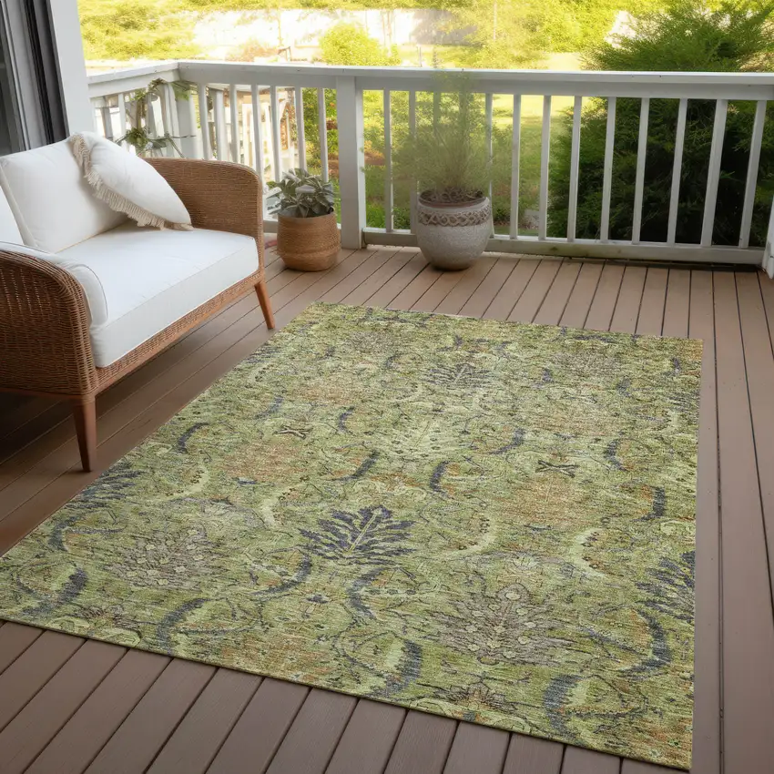 Artichoke Green Gray And Tan Damask Washable Indoor Outdoor Area Rug Photo 8