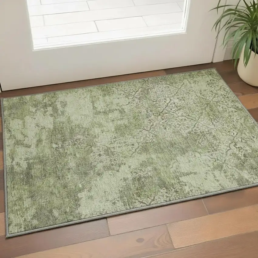 Artichoke Green Gray And Taupe Abstract Washable Area Rug With UV Protection Photo 2