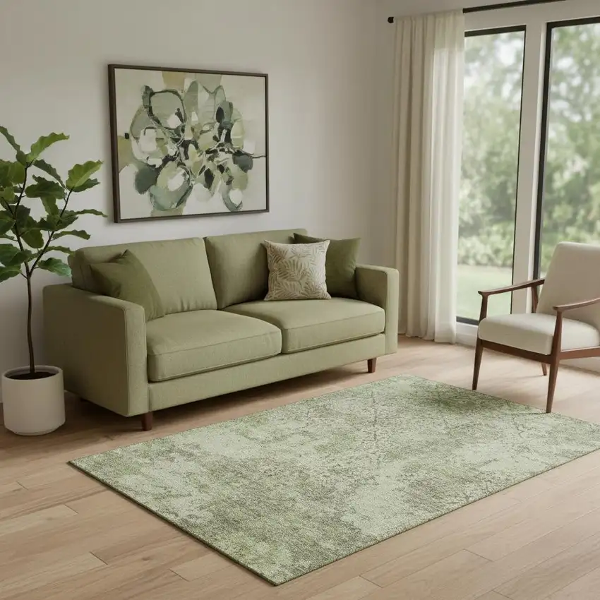 Artichoke Green Gray And Taupe Abstract Washable Area Rug With UV Protection Photo 1