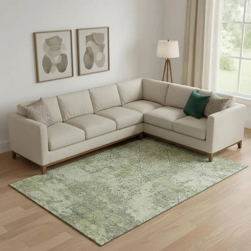 Artichoke Green Gray And Taupe Abstract Washable Area Rug With UV Protection Photo 1