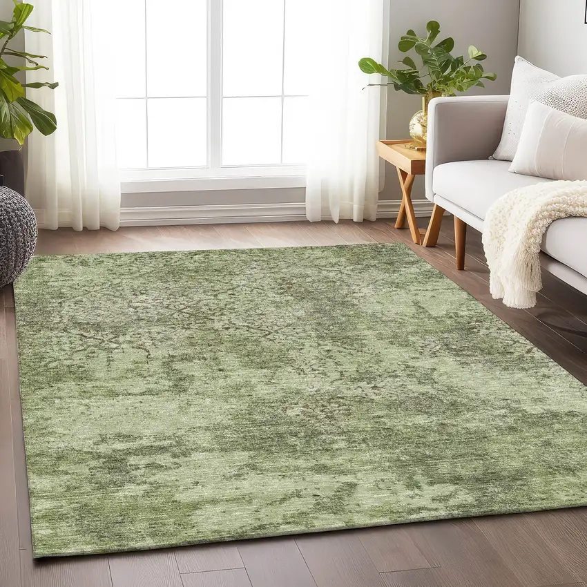 Artichoke Green Gray And Taupe Abstract Washable Area Rug With UV Protection Photo 5