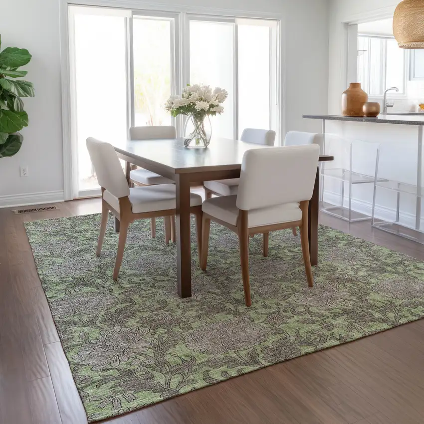 Artichoke Green Gray And Taupe Floral Washable Indoor Outdoor Area Rug Photo 9