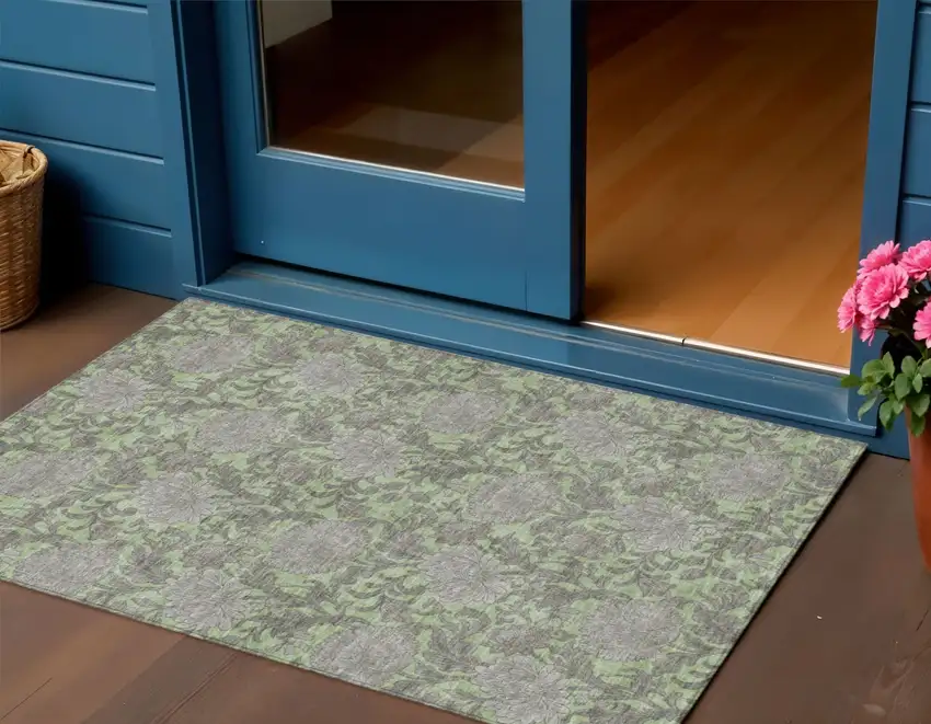 Artichoke Green Gray And Taupe Floral Washable Indoor Outdoor Area Rug Photo 1