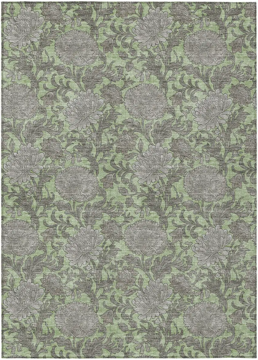 Artichoke Green Gray And Taupe Floral Washable Indoor Outdoor Area Rug Photo 2