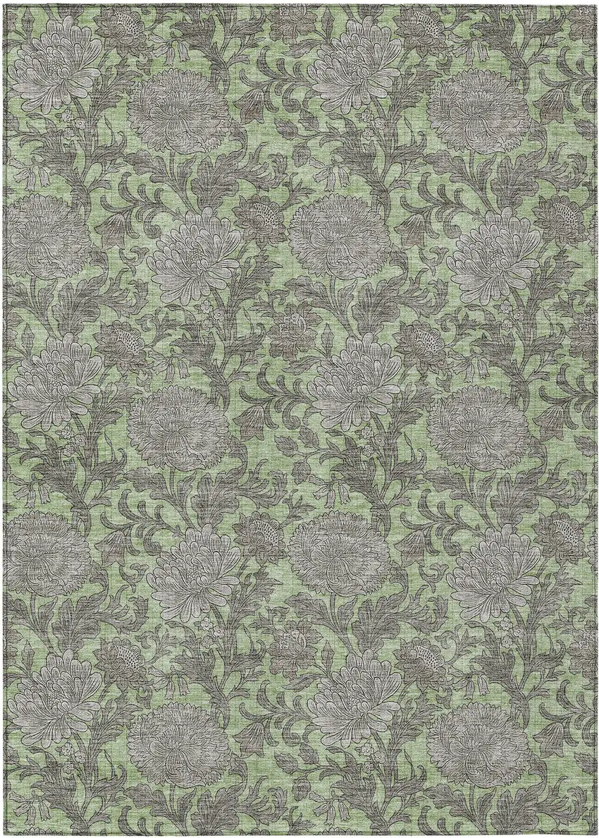 Artichoke Green Gray And Taupe Floral Washable Indoor Outdoor Area Rug Photo 2
