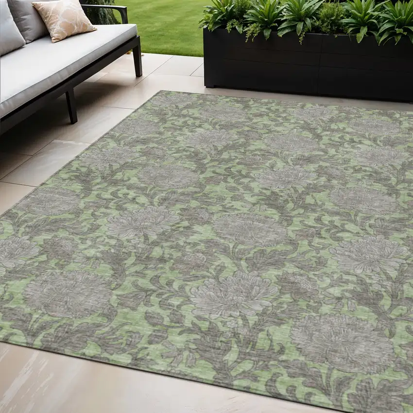 Artichoke Green Gray And Taupe Floral Washable Indoor Outdoor Area Rug Photo 1