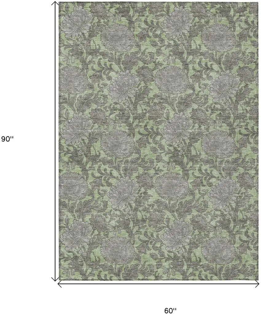 Artichoke Green Gray And Taupe Floral Washable Indoor Outdoor Area Rug Photo 3