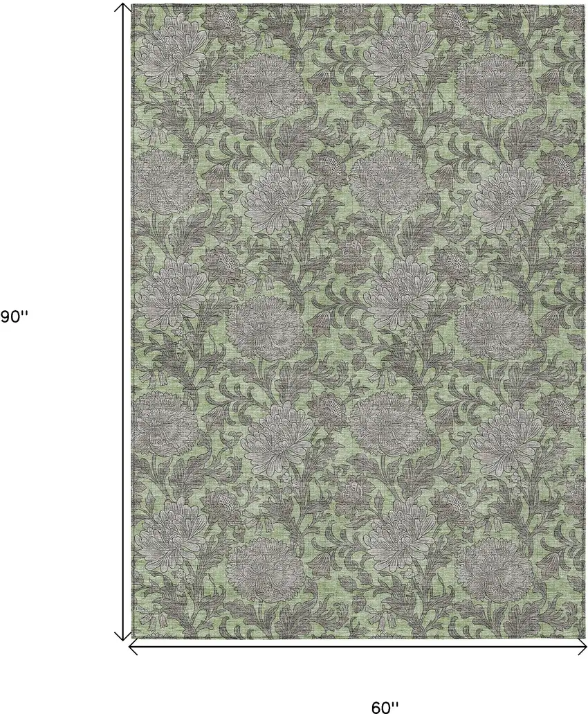 Artichoke Green Gray And Taupe Floral Washable Indoor Outdoor Area Rug Photo 3