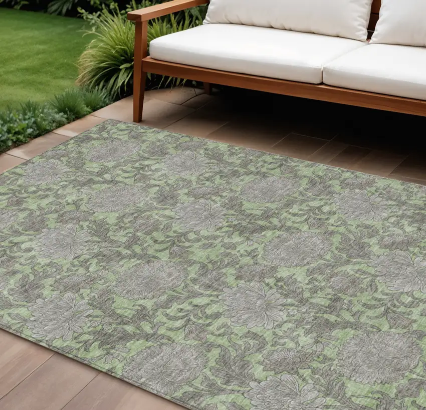 Artichoke Green Gray And Taupe Floral Washable Indoor Outdoor Area Rug Photo 1