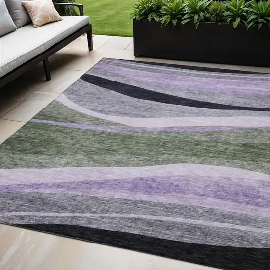 Artichoke Green Green And Black Abstract Washable Indoor Outdoor Area Rug Photo 1