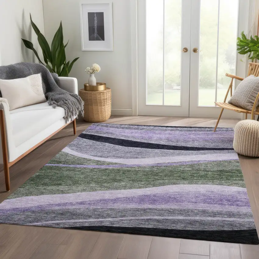 Artichoke Green Green And Black Abstract Washable Indoor Outdoor Area Rug Photo 9