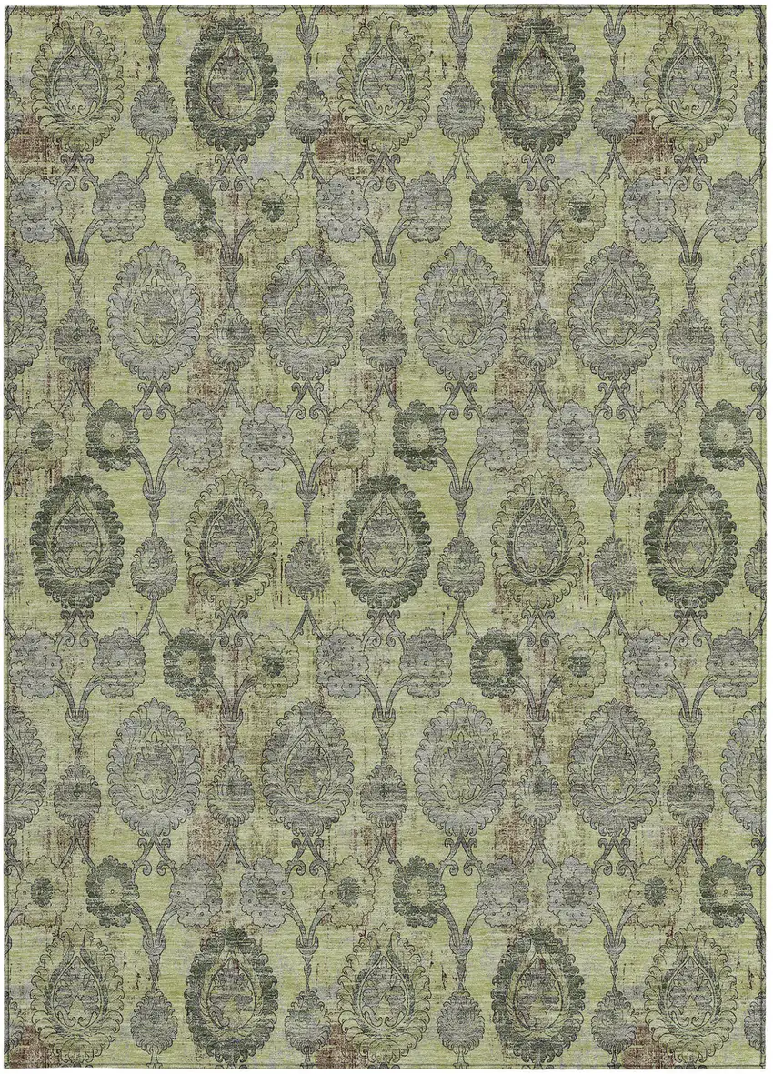 Artichoke Green Green And Gray Damask Washable Indoor Outdoor Area Rug Photo 7