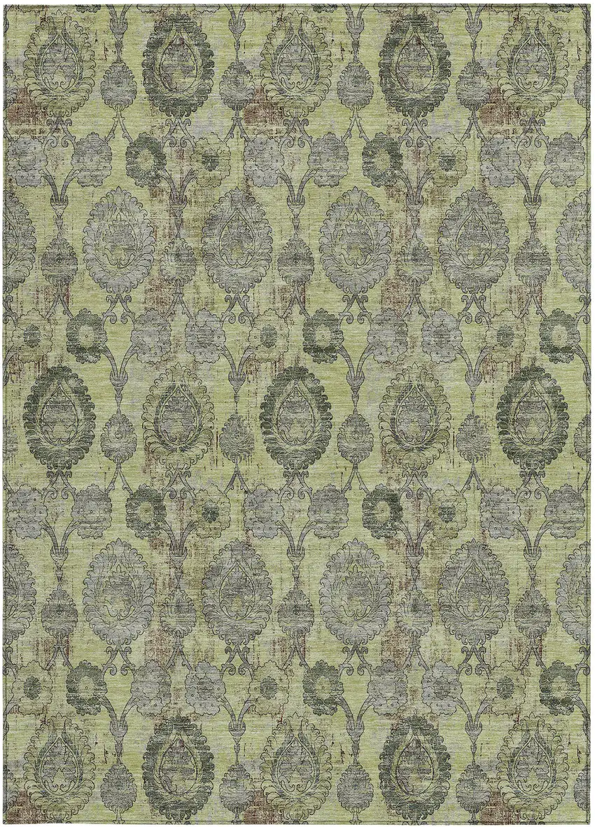 Artichoke Green Green And Gray Damask Washable Indoor Outdoor Area Rug Photo 7