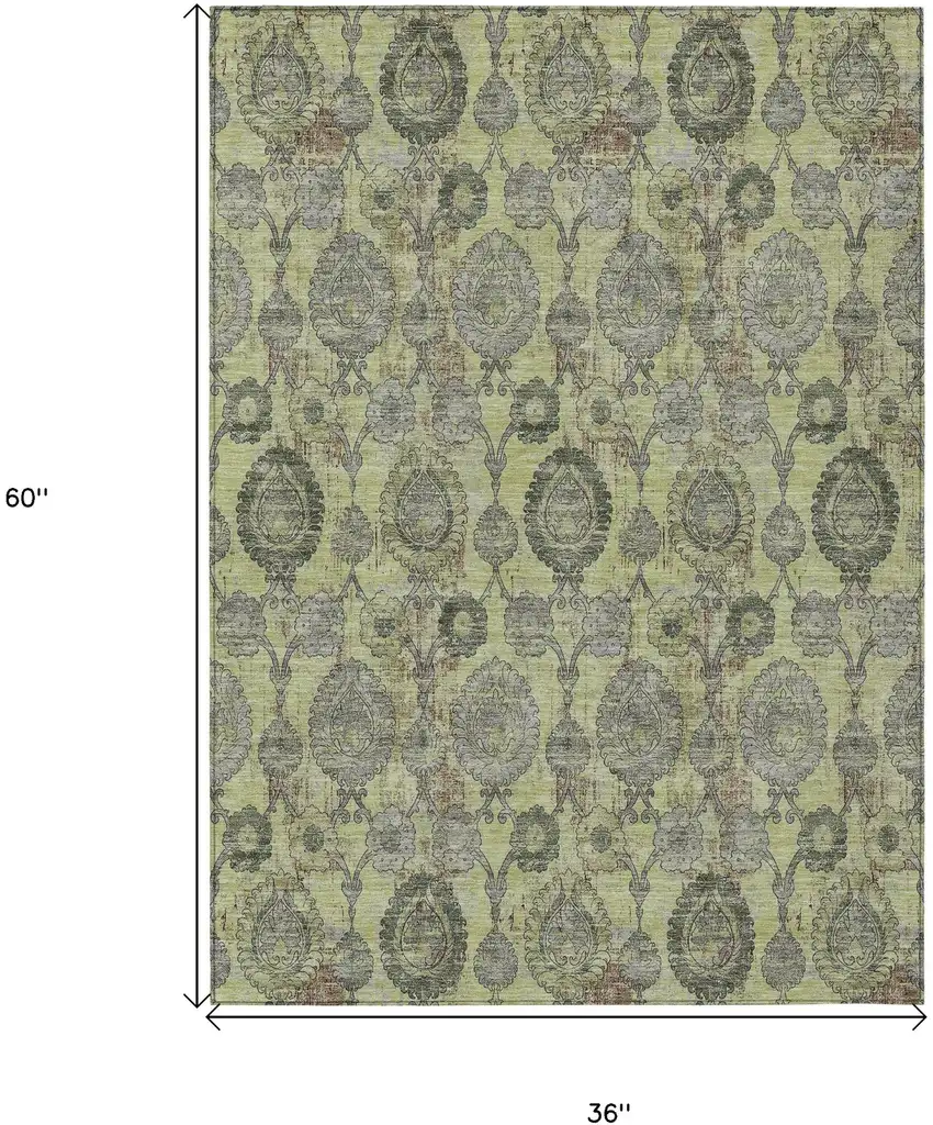 Artichoke Green Green And Gray Damask Washable Indoor Outdoor Area Rug Photo 3