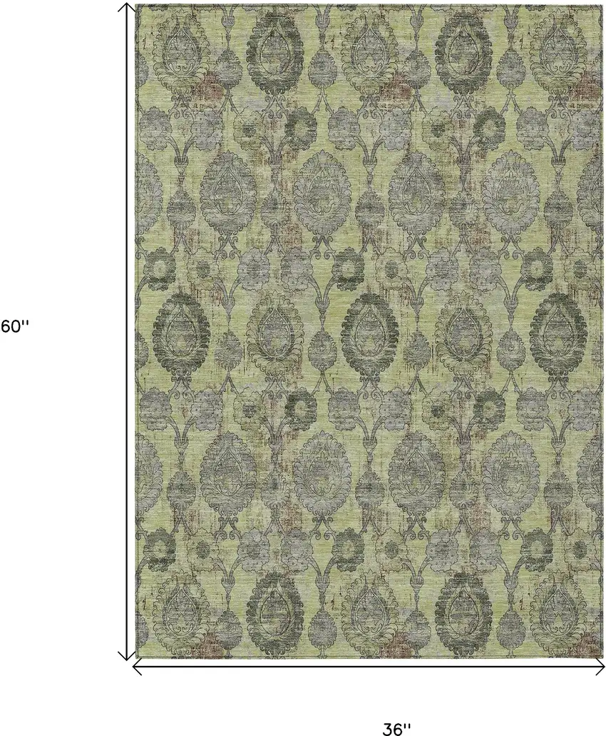 Artichoke Green Green And Gray Damask Washable Indoor Outdoor Area Rug Photo 3