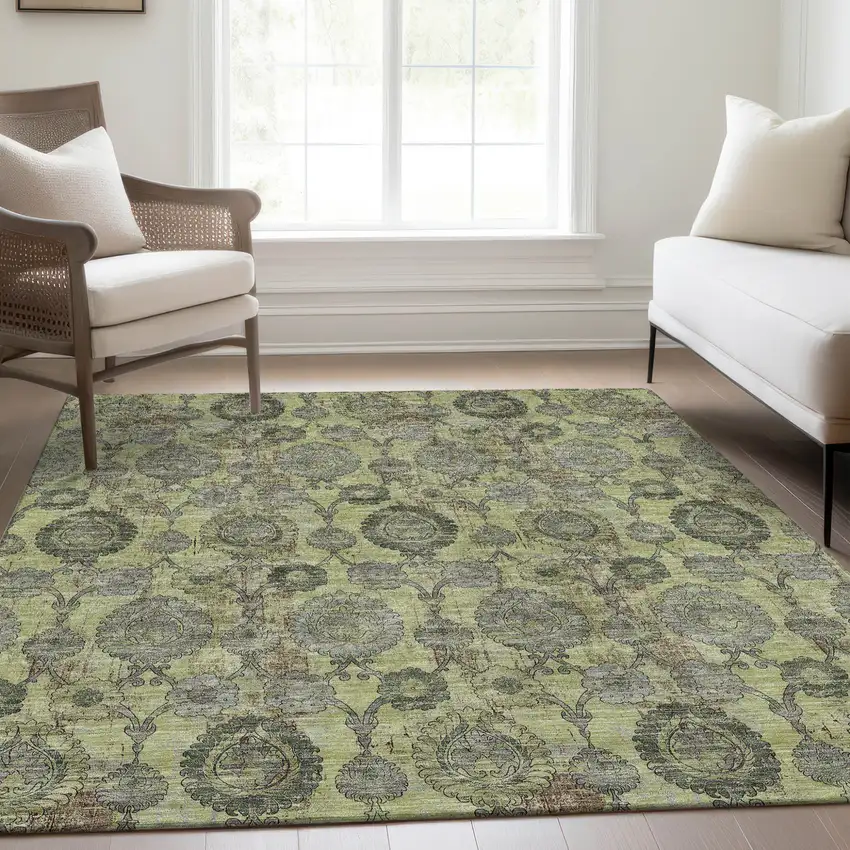Artichoke Green Green And Gray Damask Washable Indoor Outdoor Area Rug Photo 9