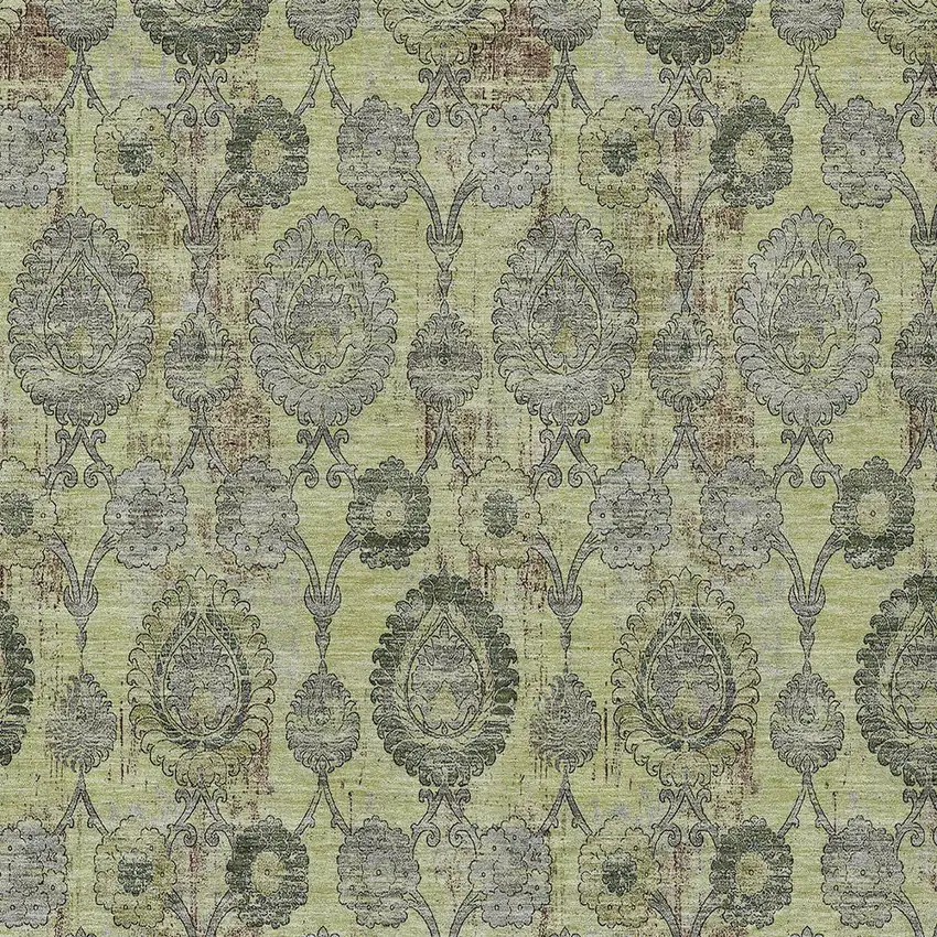 Artichoke Green Green And Gray Damask Washable Indoor Outdoor Area Rug Photo 6
