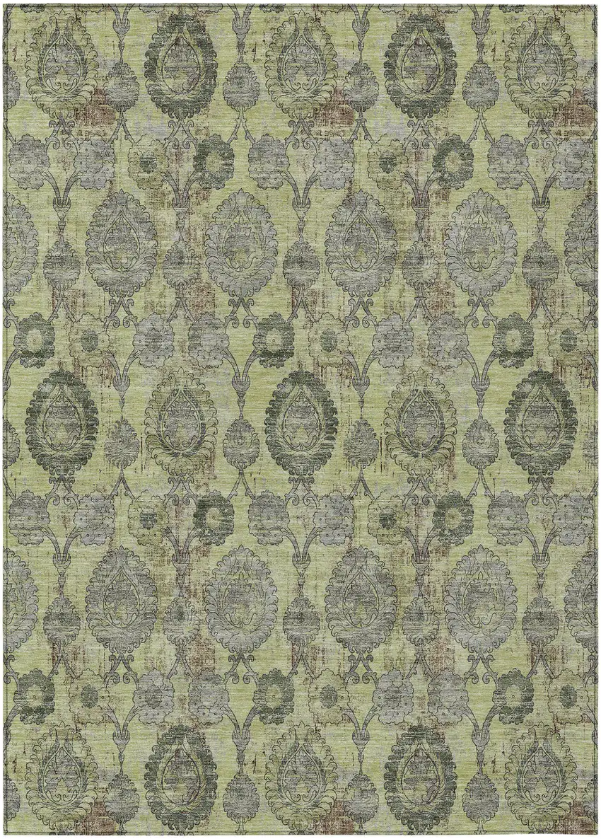 Artichoke Green Green And Gray Damask Washable Indoor Outdoor Area Rug Photo 2