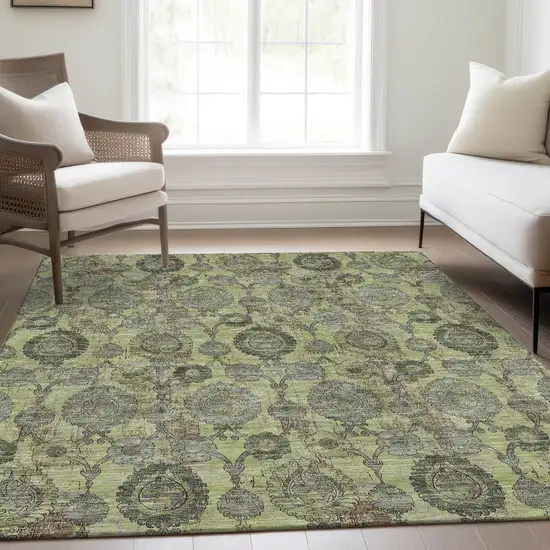 Artichoke Green Green And Gray Damask Washable Indoor Outdoor Area Rug Photo 9