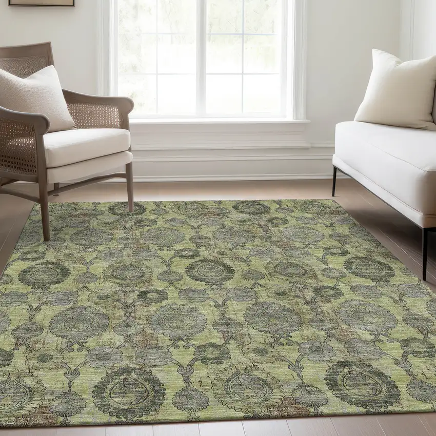Artichoke Green Green And Gray Damask Washable Indoor Outdoor Area Rug Photo 9