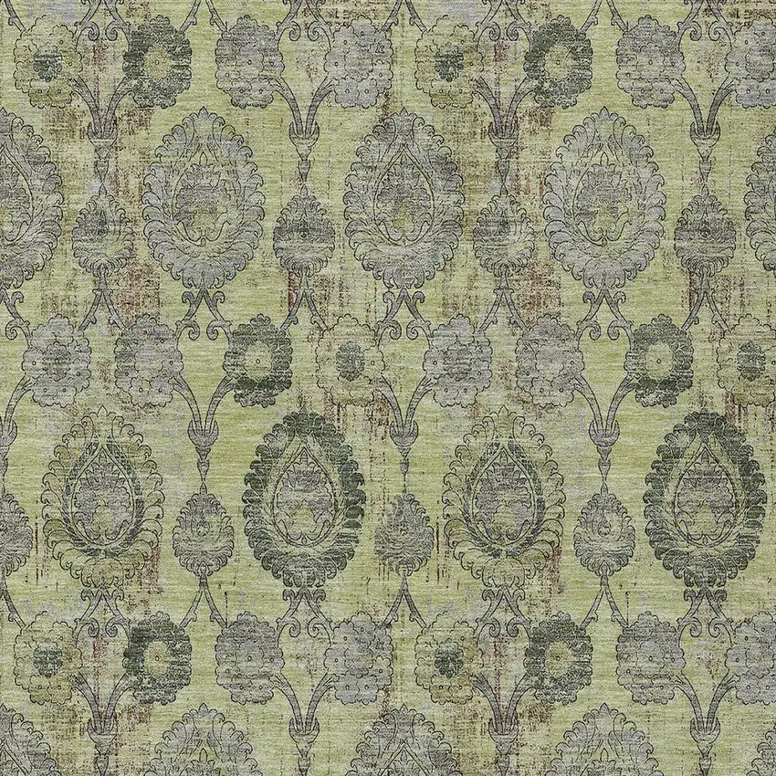 Artichoke Green Green And Gray Damask Washable Indoor Outdoor Area Rug Photo 6