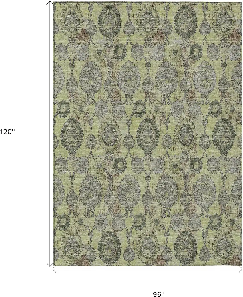 Artichoke Green Green And Gray Damask Washable Indoor Outdoor Area Rug Photo 3