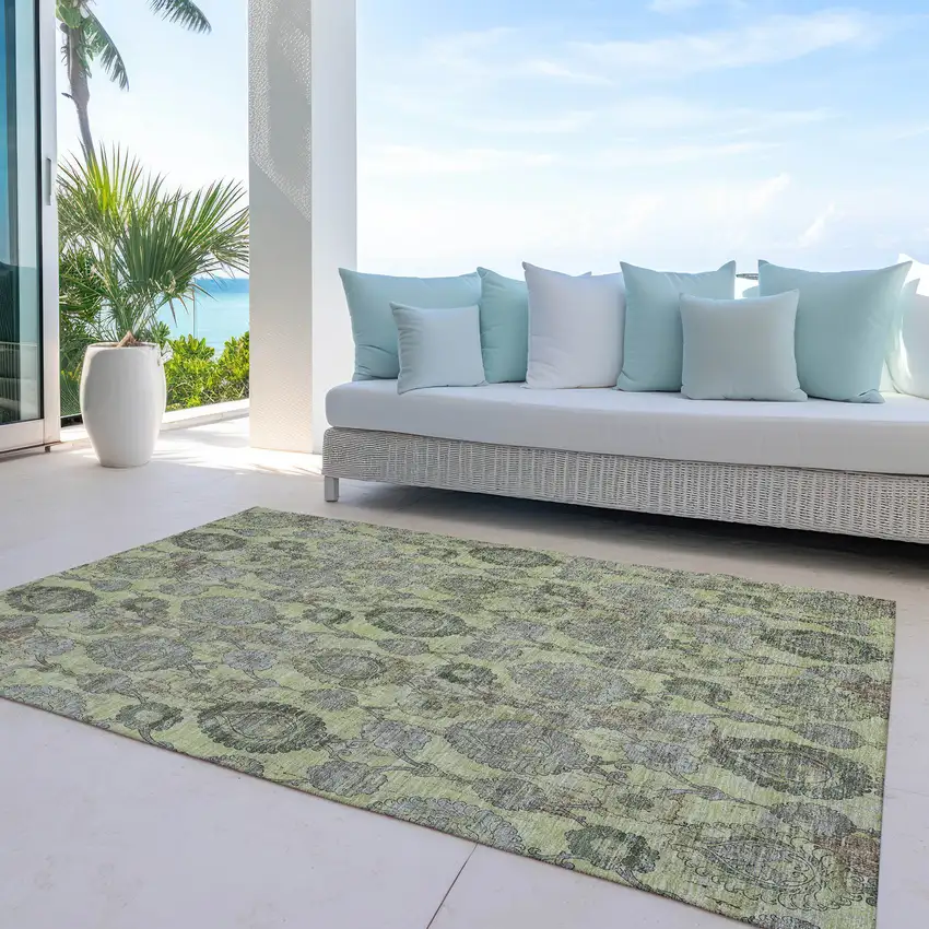 Artichoke Green Green And Gray Damask Washable Indoor Outdoor Area Rug Photo 8