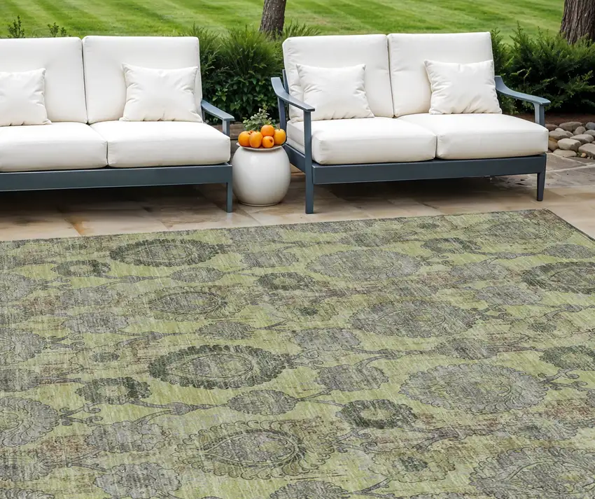 Artichoke Green Green And Gray Damask Washable Indoor Outdoor Area Rug Photo 1