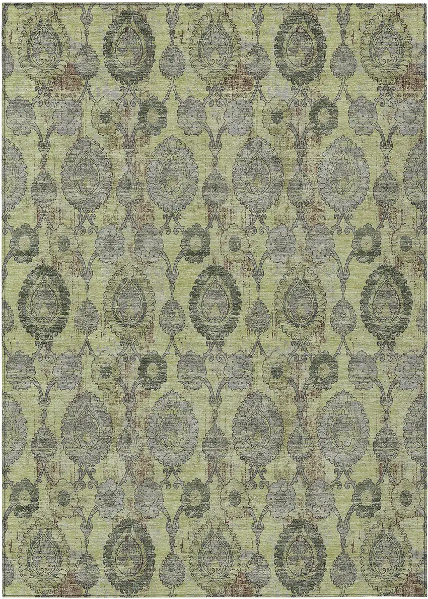 Artichoke Green Green And Gray Damask Washable Indoor Outdoor Area Rug Photo 2