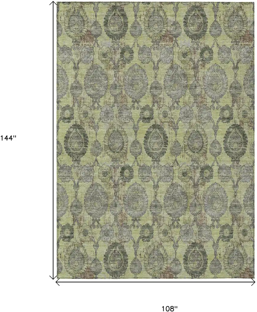 Artichoke Green Green And Gray Damask Washable Indoor Outdoor Area Rug Photo 3