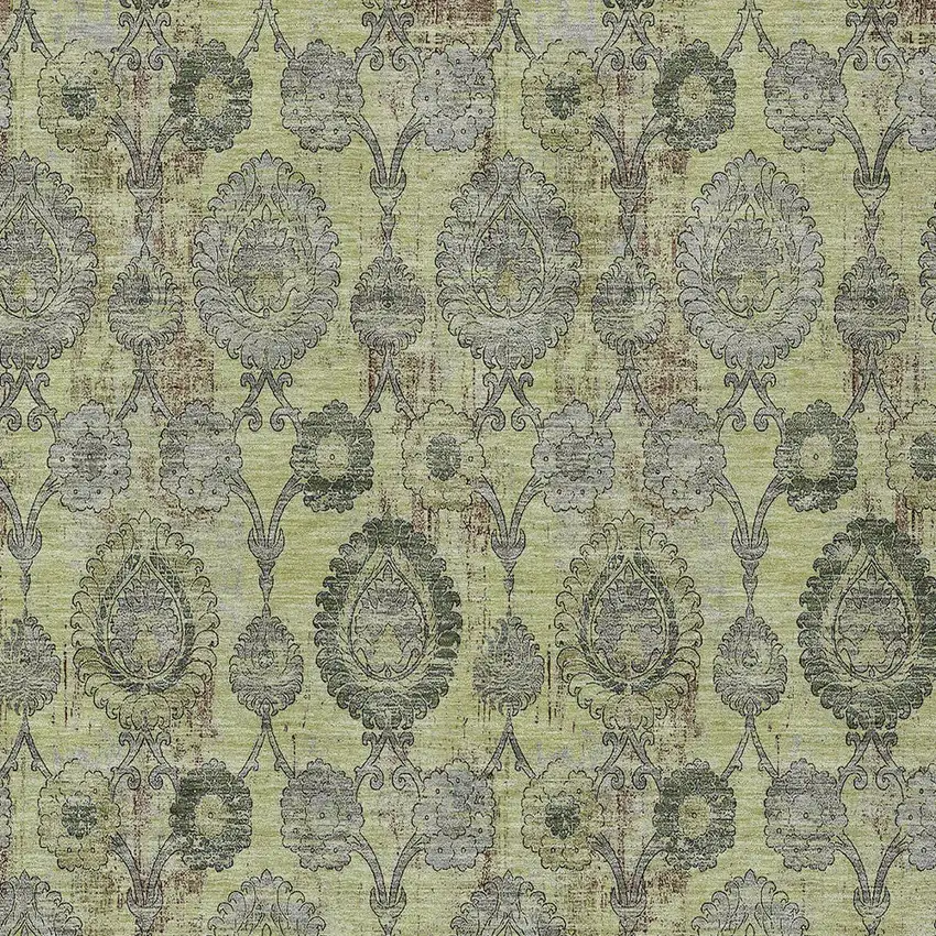 Artichoke Green Green And Gray Damask Washable Indoor Outdoor Area Rug Photo 6