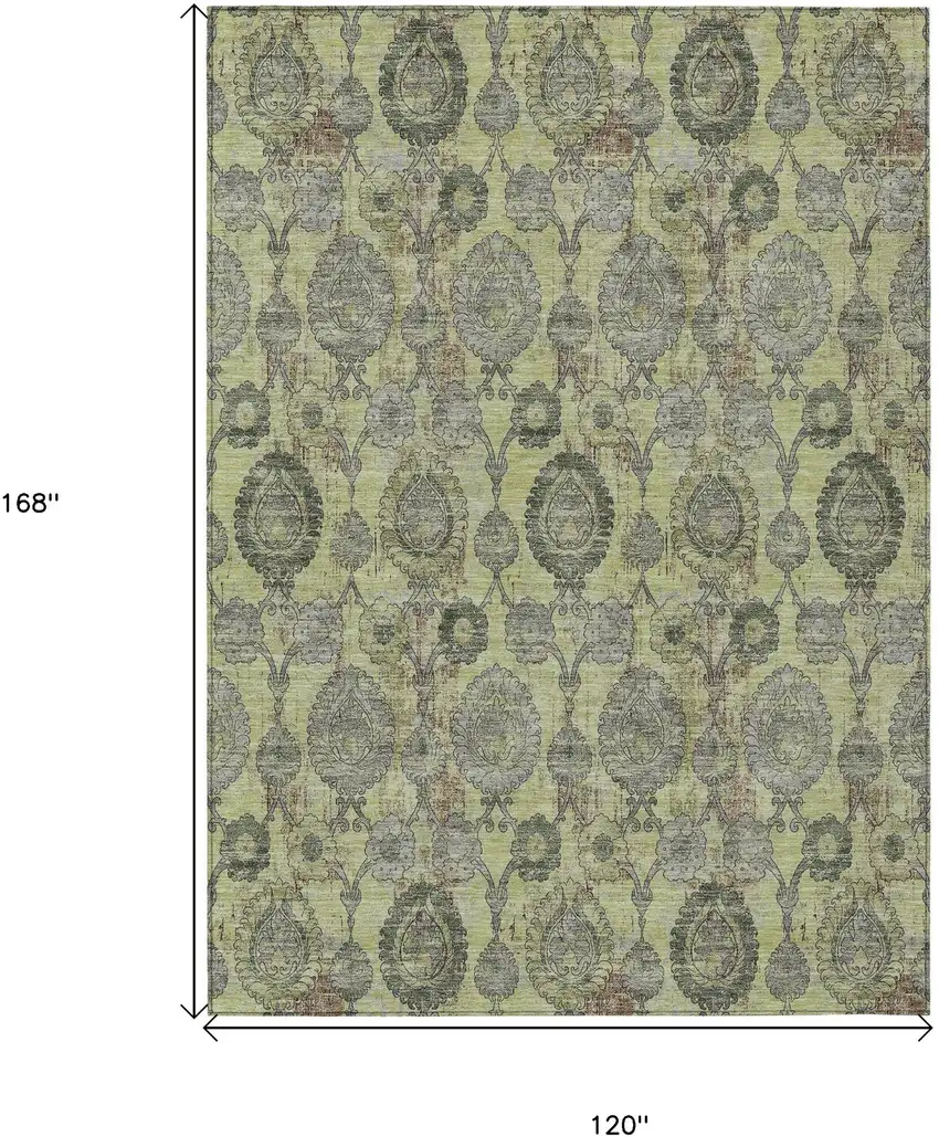 Artichoke Green Green And Gray Damask Washable Indoor Outdoor Area Rug Photo 3