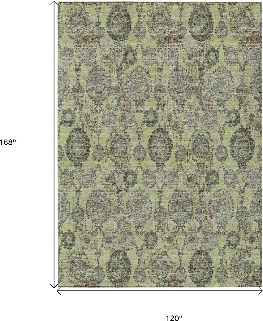 Artichoke Green Green And Gray Damask Washable Indoor Outdoor Area Rug Photo 3
