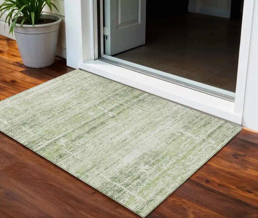 Artichoke Green Green And Ivory Abstract Washable Indoor Outdoor Area Rug Photo 1