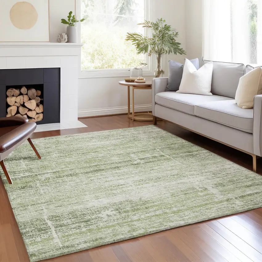 Artichoke Green Green And Ivory Abstract Washable Indoor Outdoor Area Rug Photo 6