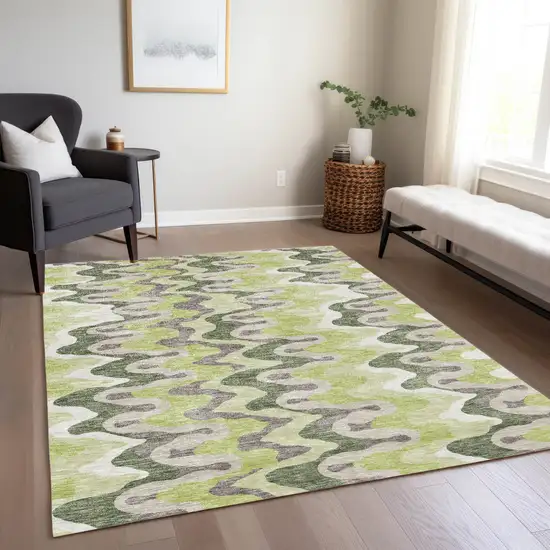 Artichoke Green Green And Ivory Abstract Washable Indoor Outdoor Area Rug Photo 8