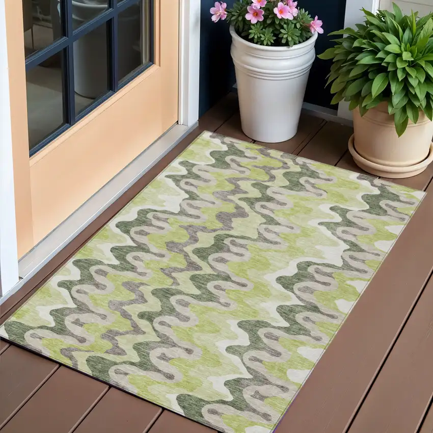 Artichoke Green Green And Ivory Abstract Washable Indoor Outdoor Area Rug Photo 1
