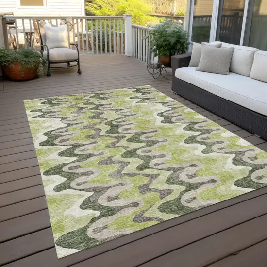 Artichoke Green Green And Ivory Abstract Washable Indoor Outdoor Area Rug Photo 9