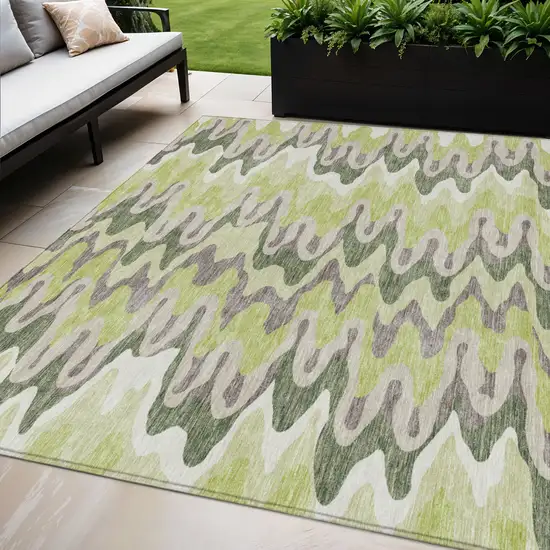 Artichoke Green Green And Ivory Abstract Washable Indoor Outdoor Area Rug Photo 1