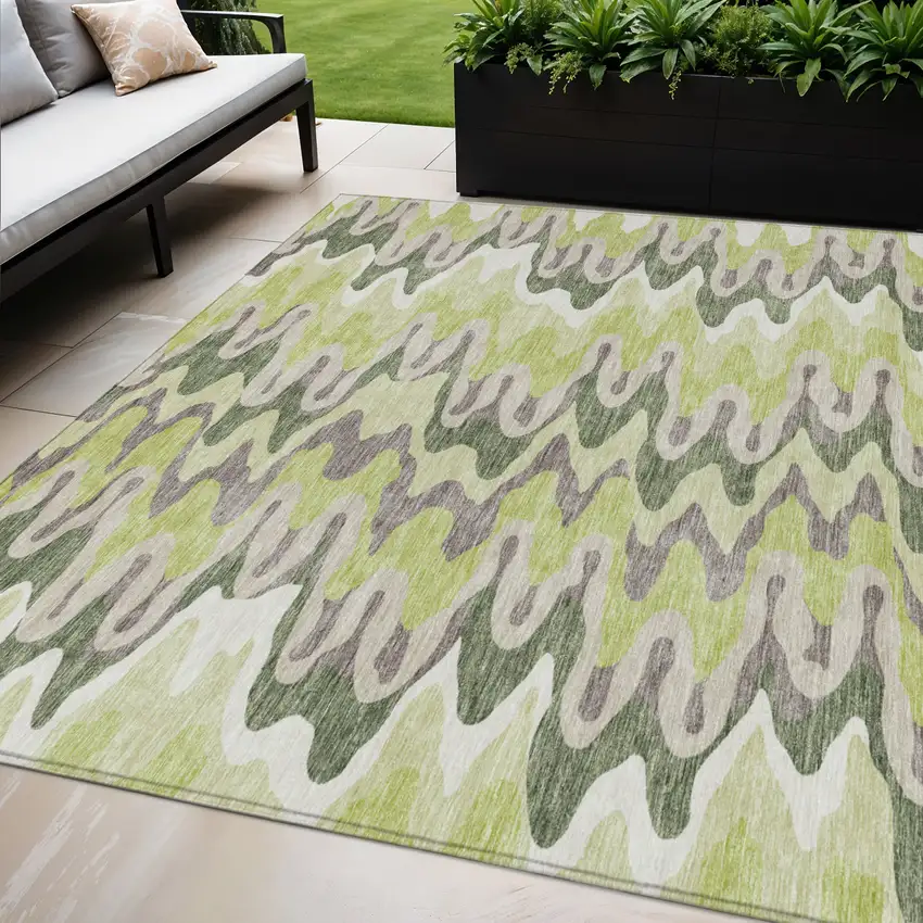 Artichoke Green Green And Ivory Abstract Washable Indoor Outdoor Area Rug Photo 1
