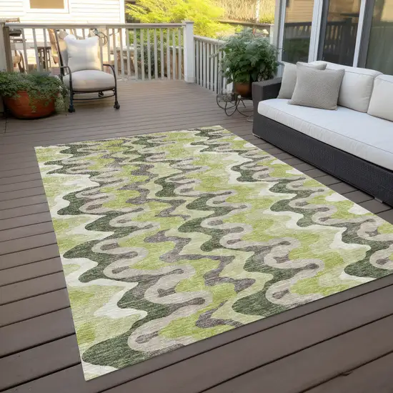 Artichoke Green Green And Ivory Abstract Washable Indoor Outdoor Area Rug Photo 9