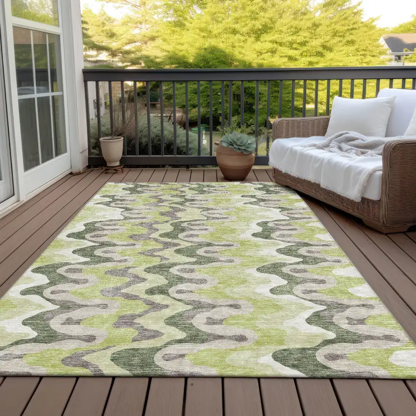 Artichoke Green Green And Ivory Abstract Washable Indoor Outdoor Area Rug Photo 6
