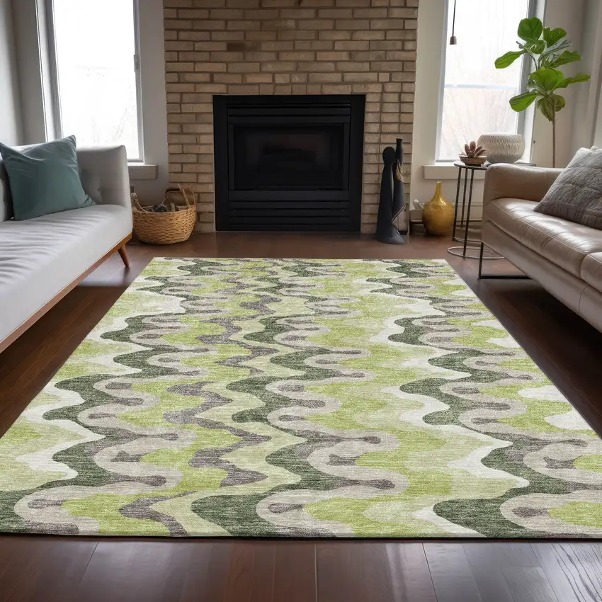 Artichoke Green Green And Ivory Abstract Washable Indoor Outdoor Area Rug Photo 7