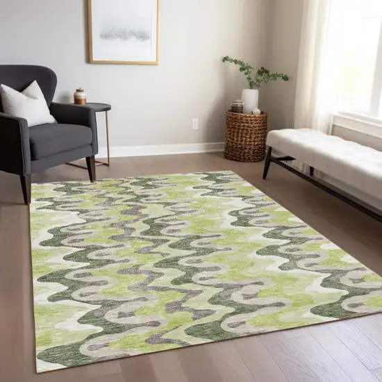 Artichoke Green Green And Ivory Abstract Washable Indoor Outdoor Area Rug Photo 8