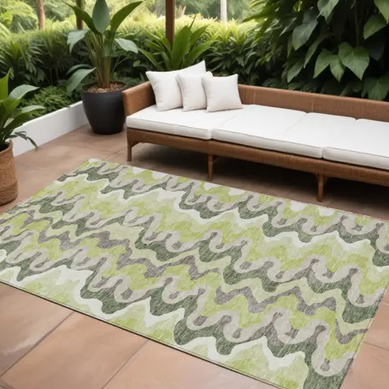 Artichoke Green Green And Ivory Abstract Washable Indoor Outdoor Area Rug Photo 1